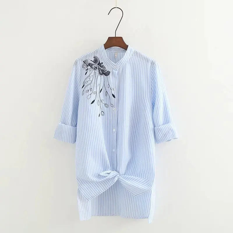 

Fashion Blouse Women Shirt TZE30-996 European And American Fashion Embroidered Striped Shirt