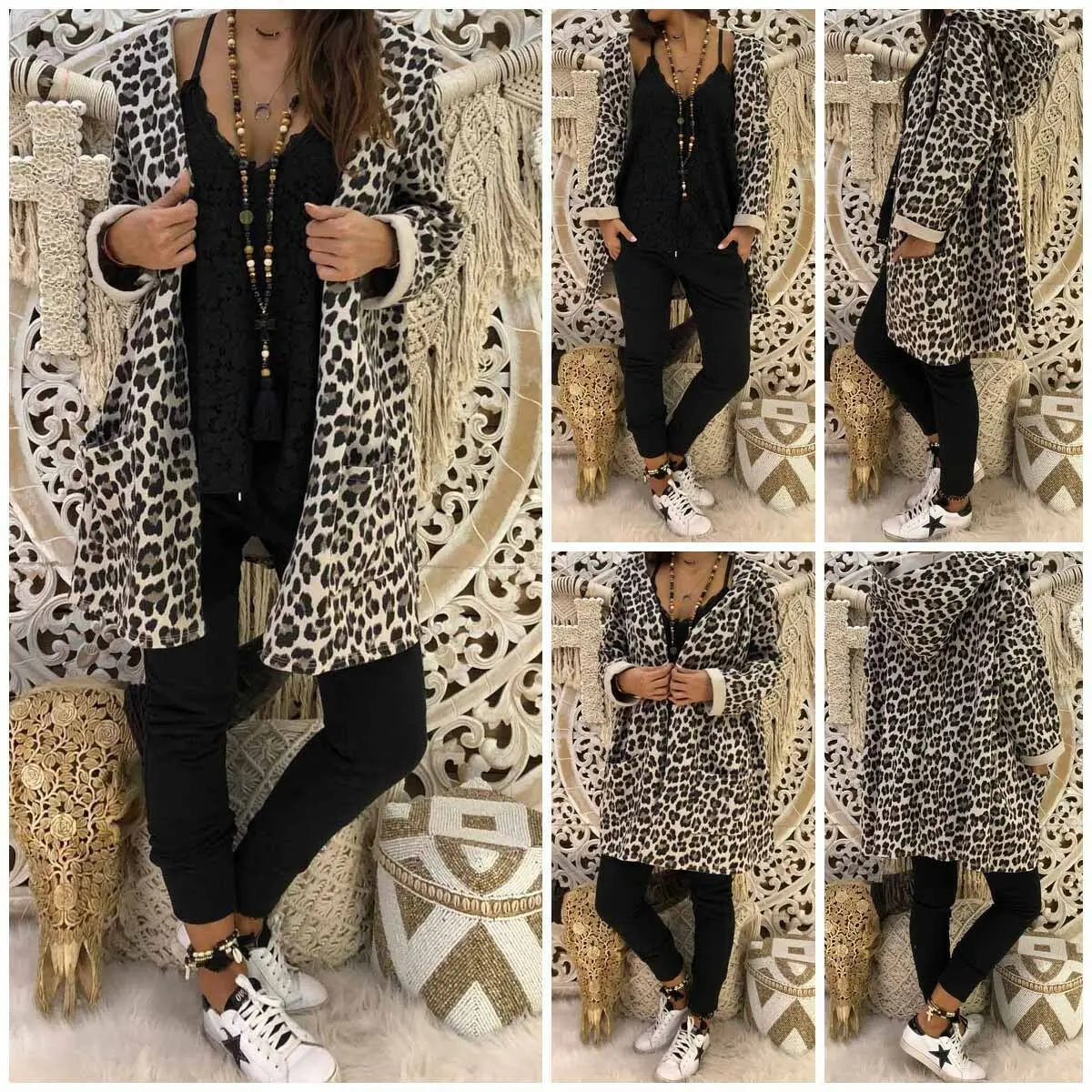 

2019 Fashion Women's Leopard Printed Hooded Long Length Zipper Coat Cardigan Loose Casual Outwear