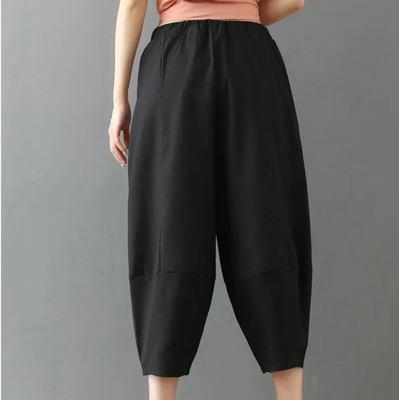#0656 Summer Casual Cotton Linen Wide Leg Pants Women Front Pockets Elastic Waist Calf-length Plus Size Harem Pants Female Loose #0656 Summer Casual Cotton Linen Wide Leg Pants Women Front Pockets Elastic Waist Calf-length Plus Size Harem Pants Female Loose