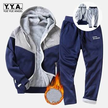 

Fashion Winter Men Sets Jacket+Pant Thick Sweatsuit 2 Piece Set Tracksuit For Man Costume Sporting Homme M-4XL Male Zipper Blue