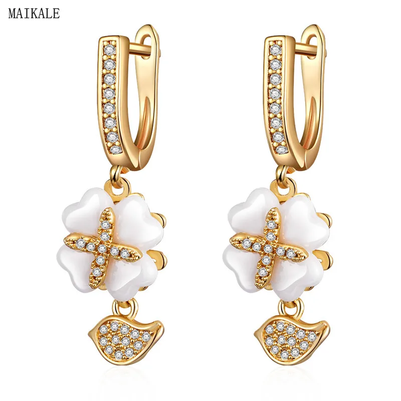 

MAIKALE Fashion Flower Shape White Black Ceramic Earrings AAA Cubic Zirconia Gold Silver Drop Earrings for Women Wedding Jewelry