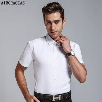 

AIRGRACIAS 2018 Men Casual Short Sleeved Solid Shirt Slim Fit Male Business Dress Shirt Brand Male Clothing Soft Comfortable