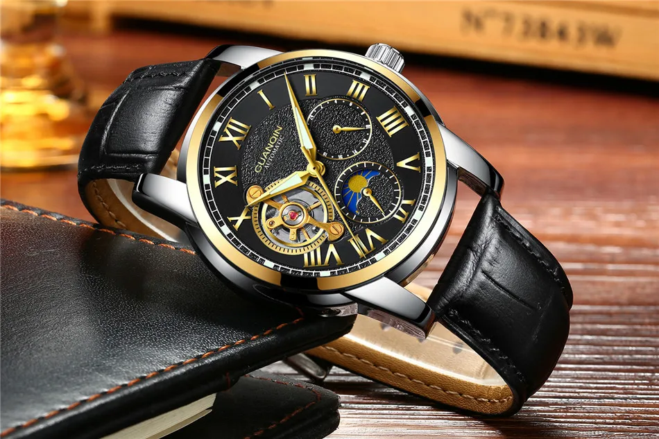 GUANQIN мужские часы Топ бренд класса люкс Tourbillon часы с скелетом мужские спортивные кожаные водонепроницаемые автоматические механические наручные часы