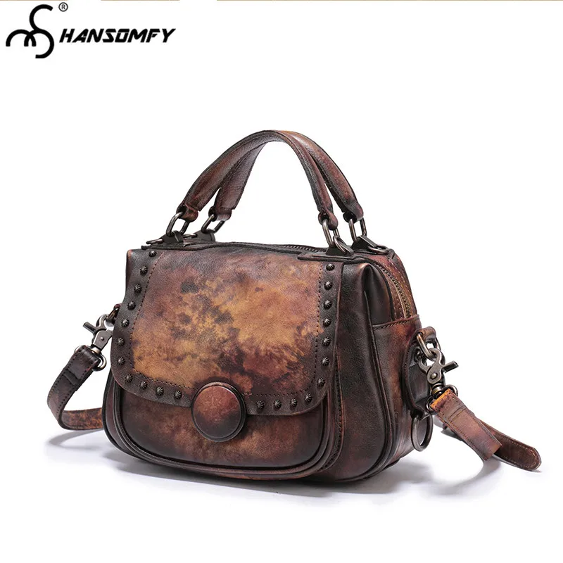 

2018 new retro Women Bag Leather female handmade first layer cowhide rivet handbag lady shoulder messenger bags