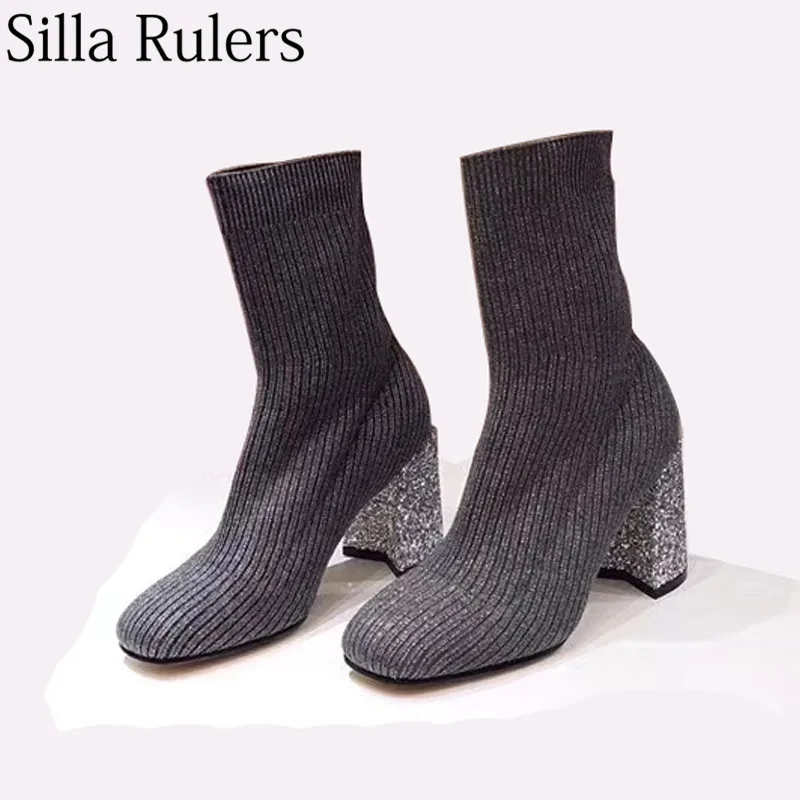 

Silla Rulers 2018 New Knitted Elastic Bling Heel Boots Women Square Toe Slip on ankle boots for woman fashion Socks boots Women