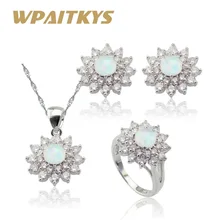 Снежинка Белый огненный опал Серебро Цвет комплекты украшений для женщин кубического циркония ожерелье серьги-гвоздики с подвеской кольца Подарочная коробка