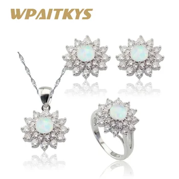 

Snowflake White Fire Opal Silver Color Jewelry Sets For Women Cubic Zirconia Necklace Pendant Stud Earrings Rings Gift Box