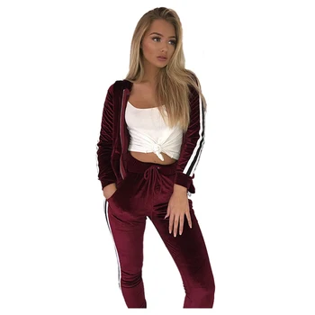 

Women Winter new velvet suit Striped Patchwork long sleeve hooded casual sweater thickening 2 piece set