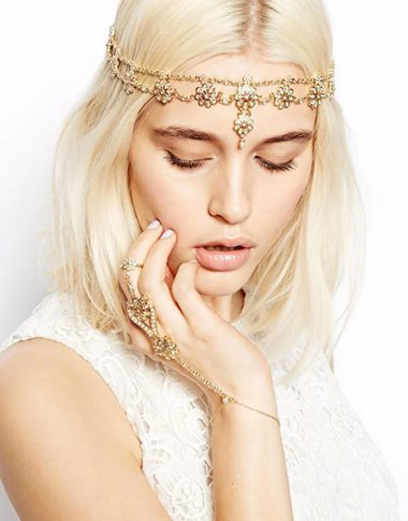 

Bohemian Flower Rhinestone Gold Pearl Hair Head Chain Boho Headpiece Headband Hippie Women Festival Jewelry
