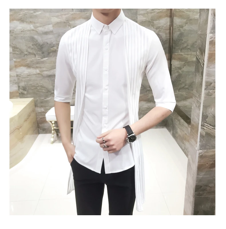 Длинная Плиссированная Свадебная рубашка, черная, белая, одноцветная, мужская рубашка, Camisa Masculina, облегающая, Готическая, мужская рубашка, вечерние рубашки