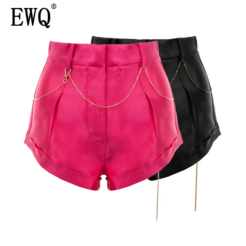 

[EWQ] 2019 Summer New Sexy Clothes Women High Waist Solid Color Metal Chain Decoration Drawstring Feminina Short Pants QH61603