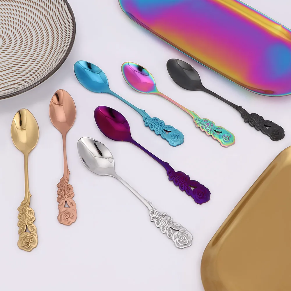 

1Pc Coffee Spoon Lover 304 Stainless Steel Gold Plated Tableware Rose Handle Tea Dim Sum Small Spoon Teaspoon Accessories