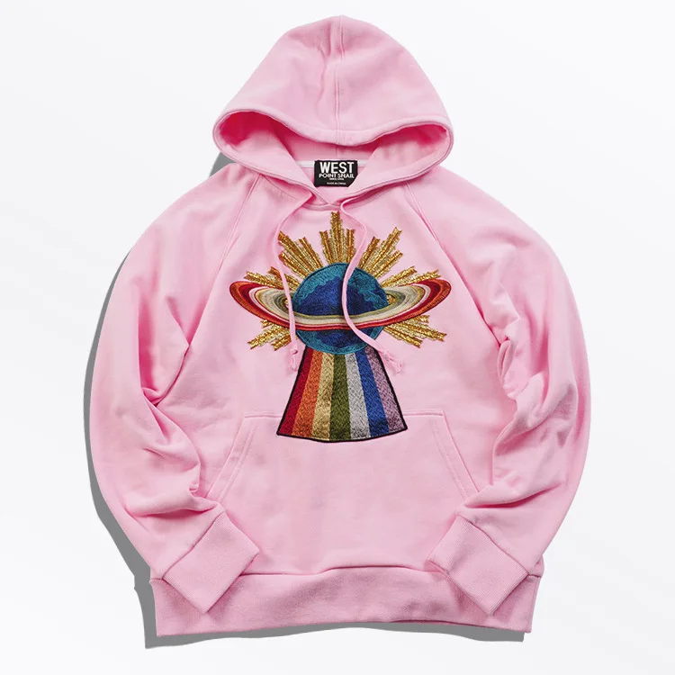 الجديد 2017 الرجال عالية الوردي التطريز كوكب ufo الرجل هوديس هودي مقنعين المخملية القطن دريك رشاقته الصوف # d80