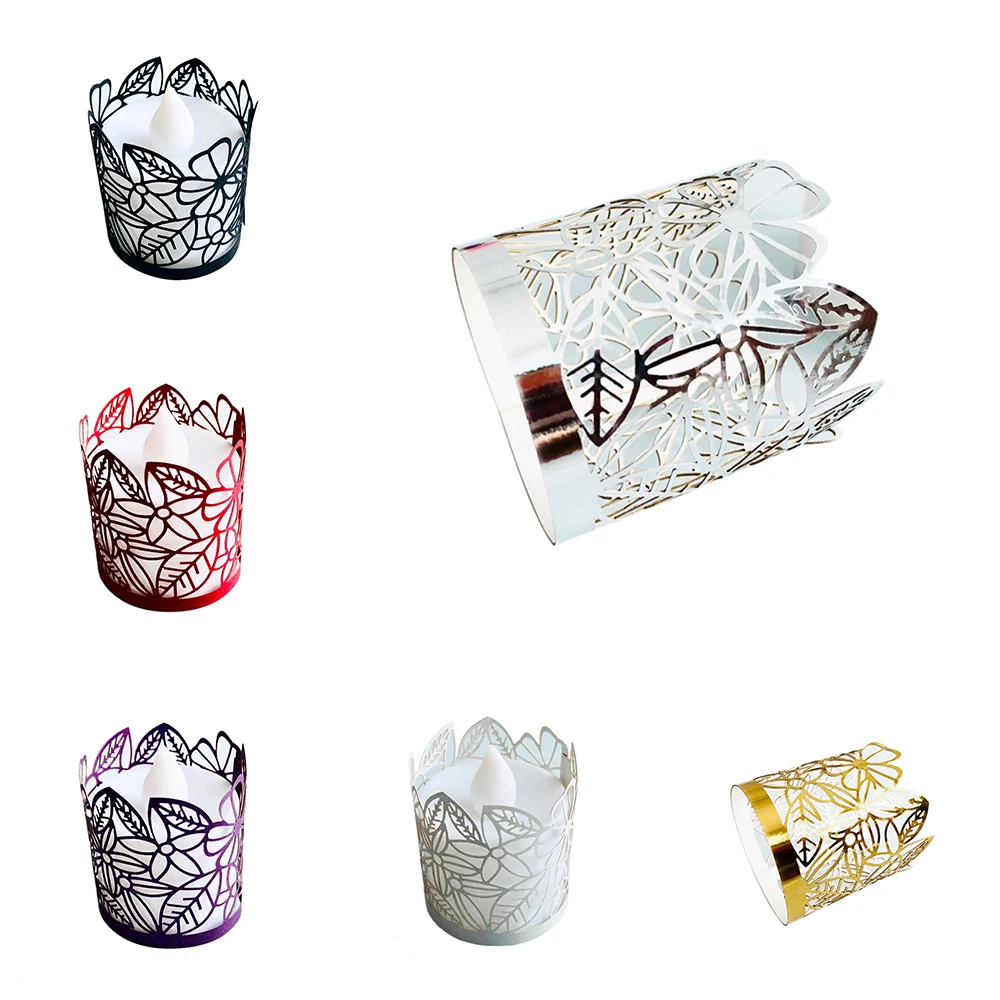 

2019 New Useful 24Pcs Laser Paper Cut Hollow Lace Flower Leaves Candle Lampshade Holder Wedding Party Vintage Table Home Decor