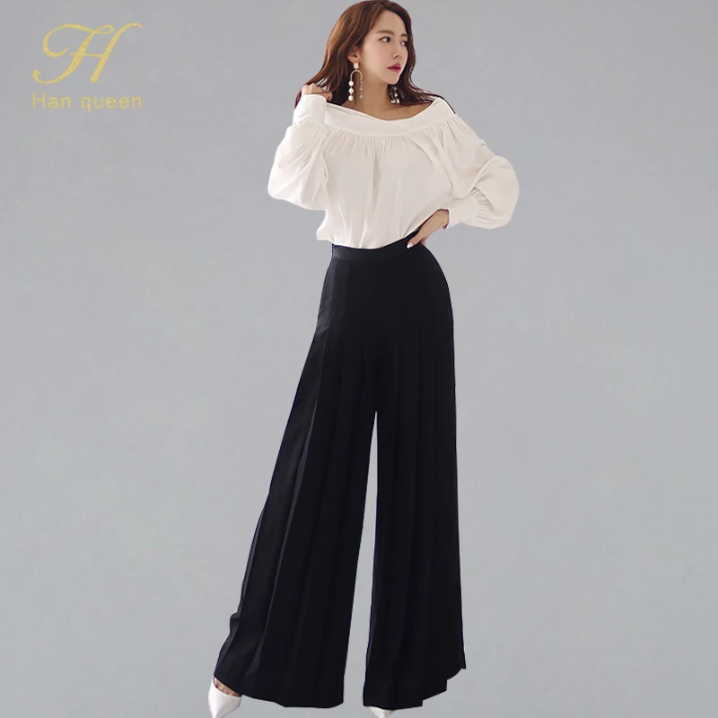 

H Han Queen New 2-Piece Suits 2019 Summer Korean Style Elegant Slash Neck White Blouses & Solid Black Wide Leg Long Pants OL Set
