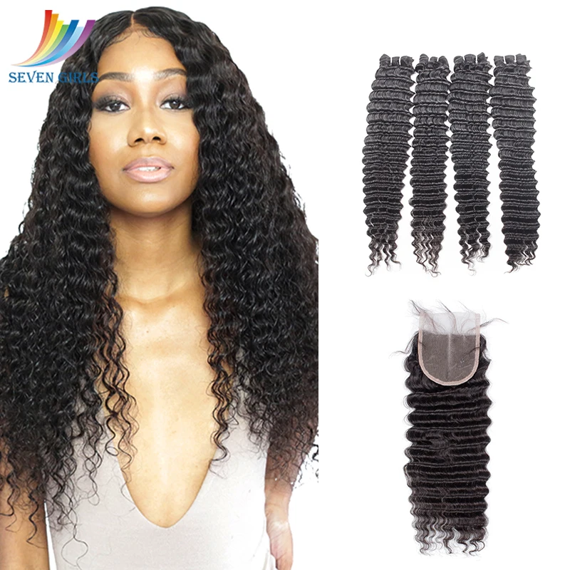 

Sevengirls Peruvian Natural Color Deep Wave 100% Virgin Human Hair 4Bundles With 4*4 Lace Closure Raw Hair For Women