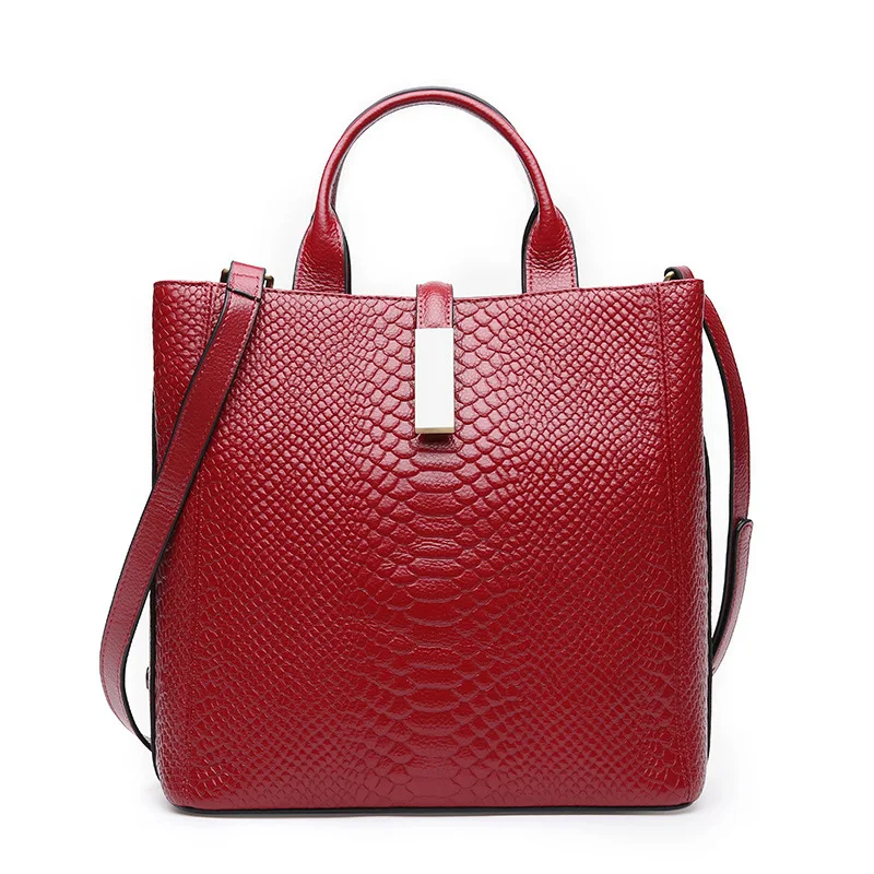 Роскошная Высококачественная женская сумка из натуральной кожи с тиснением головы крокодила, сумка из воловьей кожи, Большая вместительная сумка на плечо - Цвет: Wine red