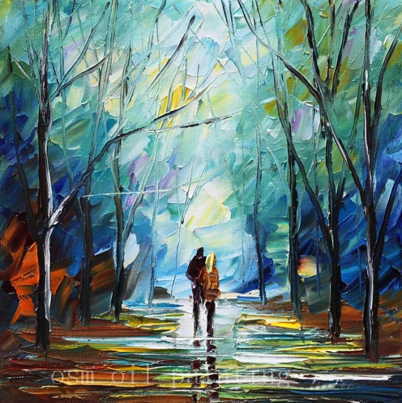 

Top Skill Hand Painted Landscape Knife Oil Painting on Canvas Wall Art Decor Handmade Streetscape the Couple Walk in the Path
