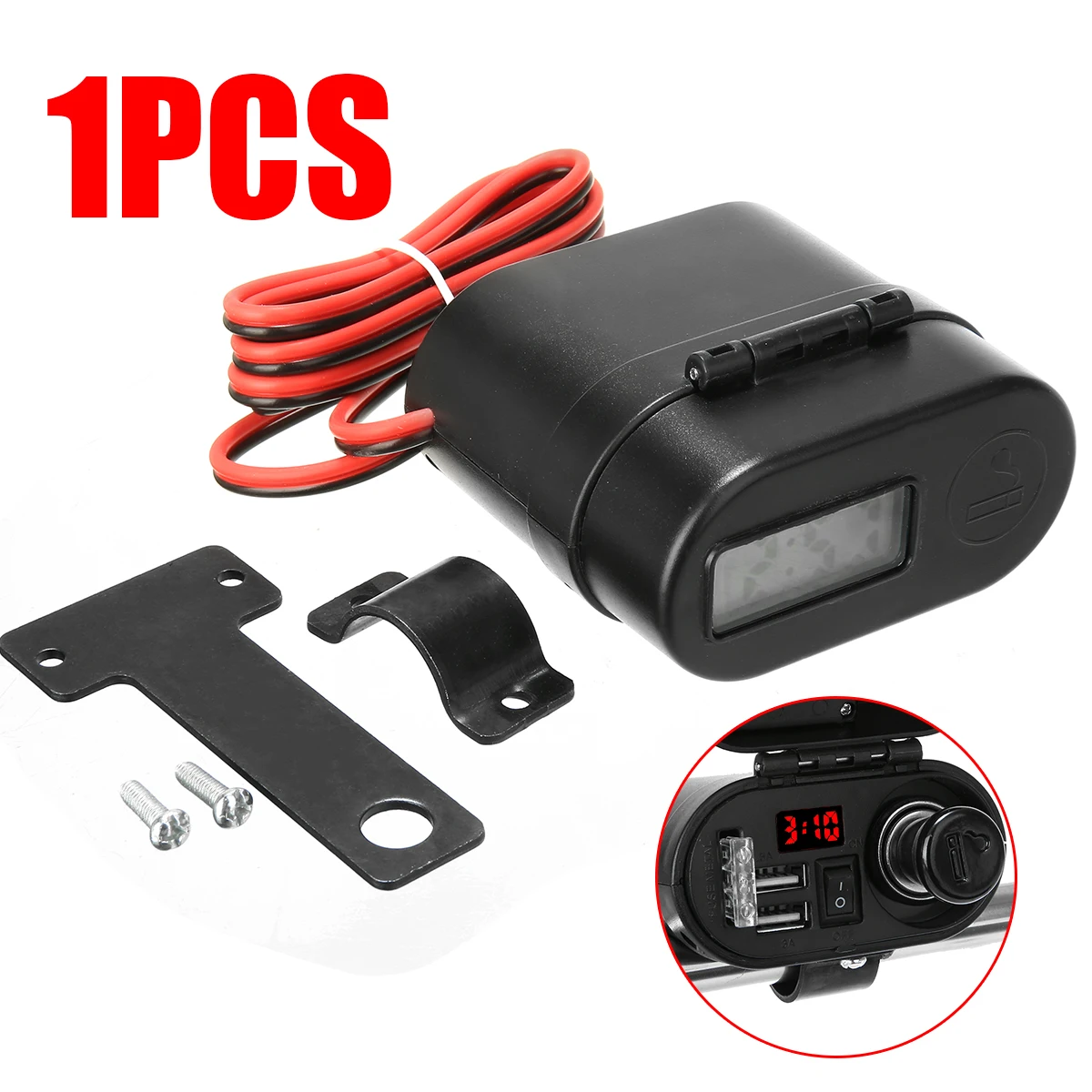 Universal DC12V-24V Waterproof Car Motorcycle Handlebar Cigarette Lighter Socket Dual USB Charger LED Voltmeter With Clock Cover