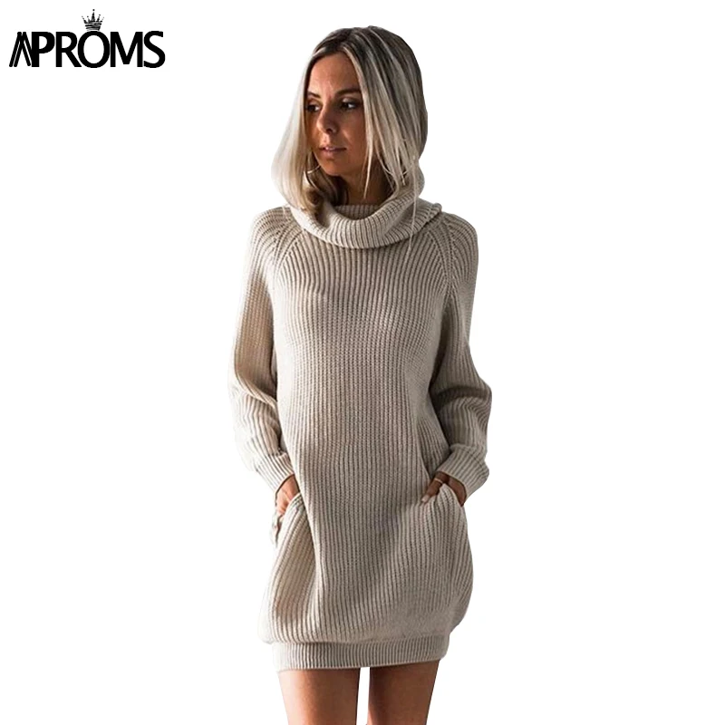 

Aproms Autumn Warm High Neck Knit Pullovers Women Long Sleeve Pocket Sweater Dress Winter Knitted Top Streetwear Knitwear Jumper