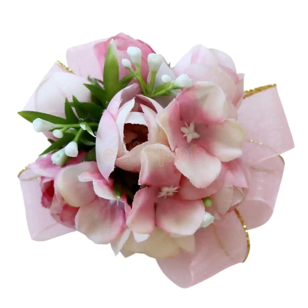 5pcs Silk Hand Flowers Wedding Bride Bridesmaid Wrist Corsage Peach Pink