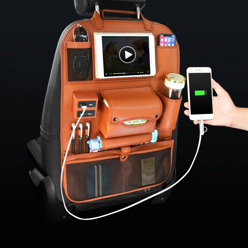 Car Organizer Seat Back Bag 4 USB Charger Phone Backseat Storage Travel Multifunction Pocket Stowing Tidying in Auto Accessories - Название цвета: Brown 1pc
