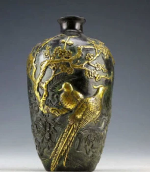 

DYZ621>>>>>Chinese Vintage Collection Bronze Statues Gold-plating Flower Bird Vase H7.9inch