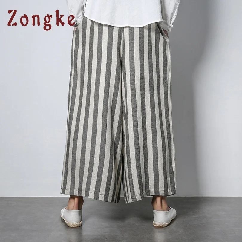 Zongke, китайский стиль, серые полосатые широкие брюки, мужские штаны для бега, уличная одежда, льняные брюки, мужские брюки XXL, Мужские штаны для бега, новинка