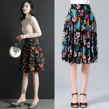 Лето Осень Высокая талия женские плиссированные юбки Элегантный принт эластичный пояс юбки для женщин стрейч большого размера по колено юбка