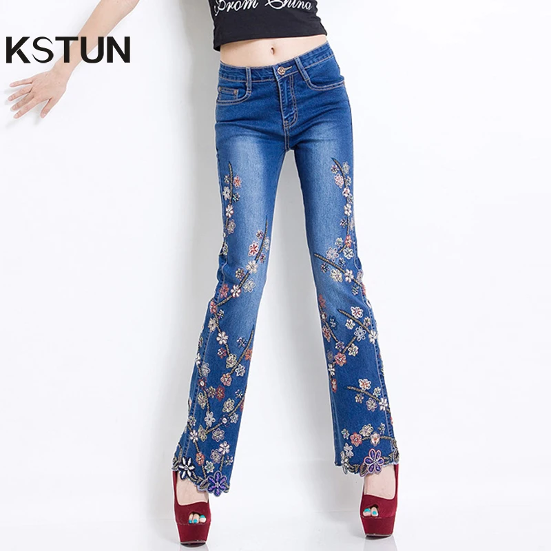 

Women Jeans with Embroidery Beads High Waist Slim Denim Pants Bell Buttom Stretch Jeans Rhinestones Embroidered gloria Plus Size