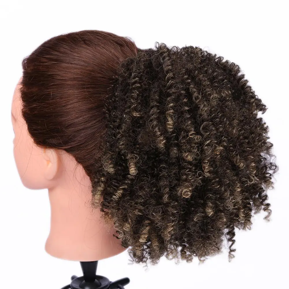 

Fave Puff Afro Short Wrap Curly Ponytail Black Brown Ombre Color Synthetic Hair Bun Chignon Rubber Band For Black Women