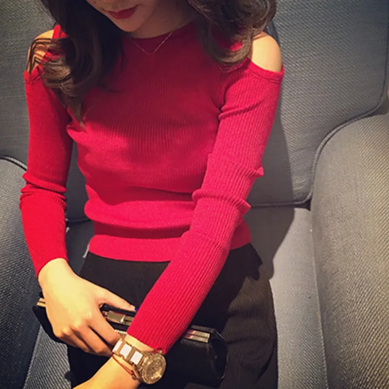 2019 Korean Fashion Solid Femme Casual Long Sleeve Pullover Tops Woman Clothes O-Neck Sexy Off Shoulder Sweaters Pullovers