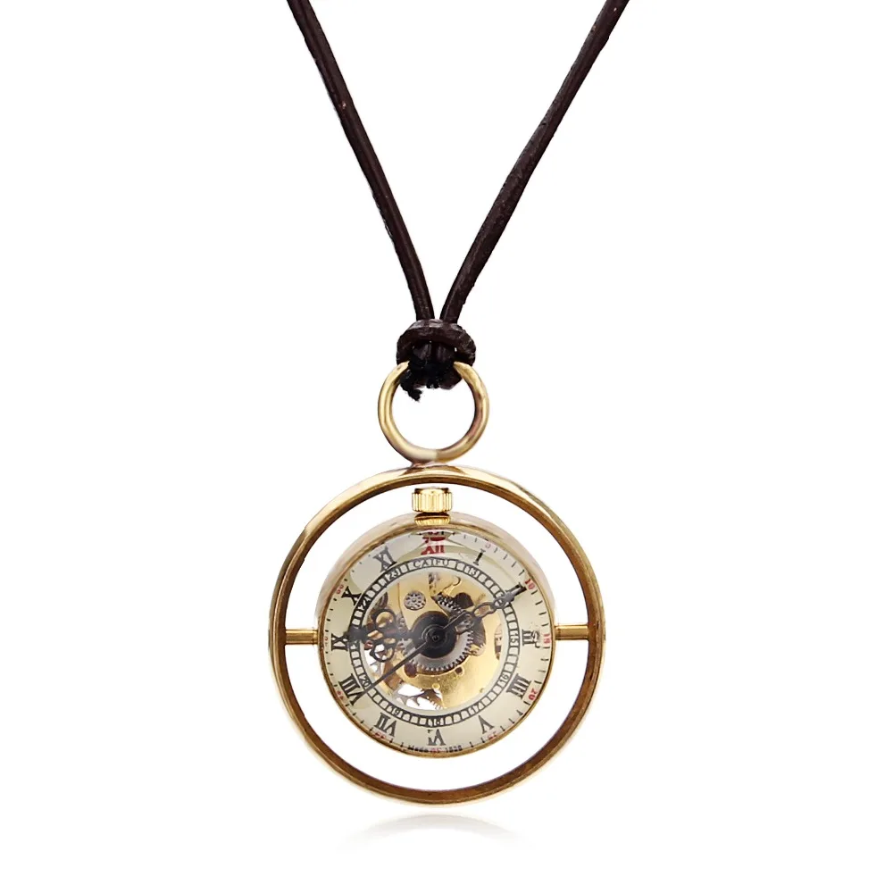 

Luxury Bronze Tone Case Transparent Round Ball Mechanical Hand Wind Pocket Watches W/Necklace Leather Chain Men Women Watch