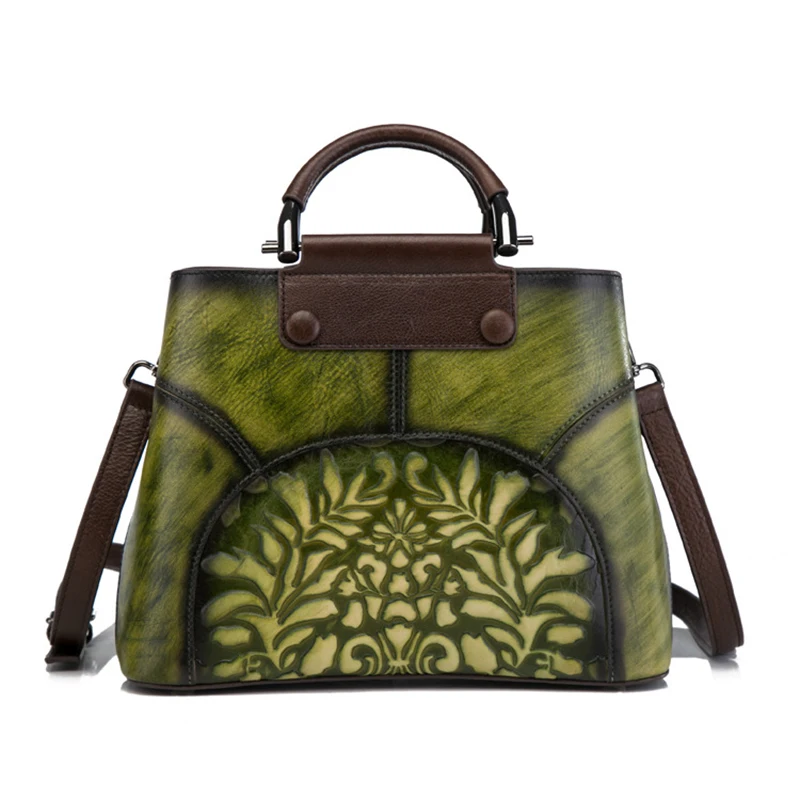 Натуральная тисненая кожа женская сумка через плечо сумка-тоут Ретро сумка высокого качества Натуральная кожа через плечо сумки с верхней ручкой - Цвет: Green