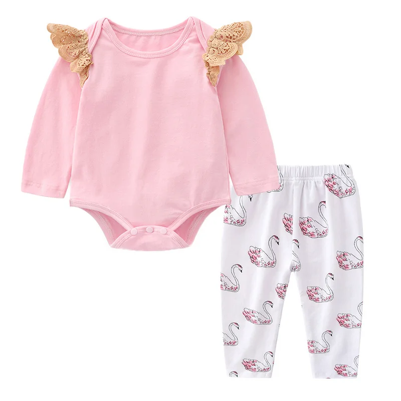Tem Doger Spring Baby Fashion Girls Clothing Sets Shoulder Lace Patchwork Triangle Romper+Pants 2pcs Newborn Lovely |