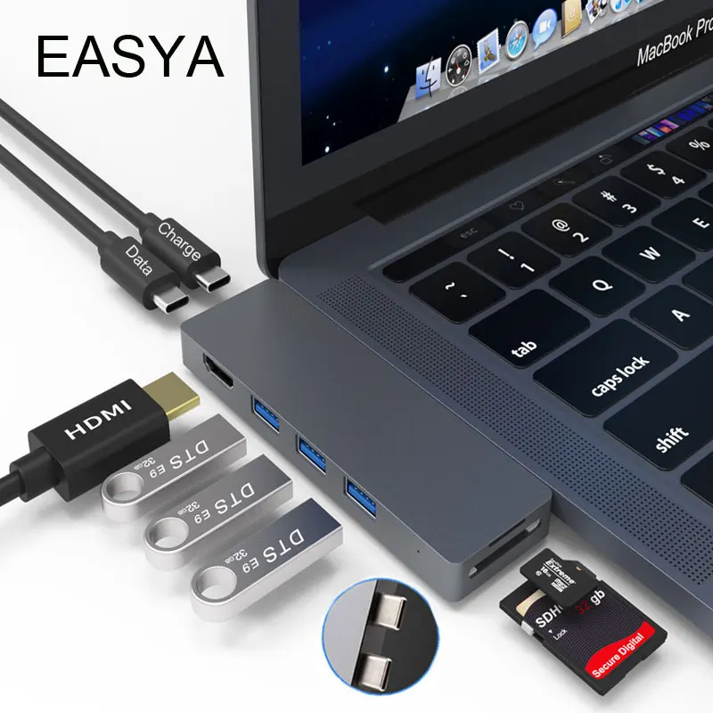 

EASYA 8-in-1 Dual USB C Hub to HDMI Thunderbolt 3 Adapter with Type-C Data PD TF SD Card Reader Hub 3.0 for MacBook Pro/Air 2018