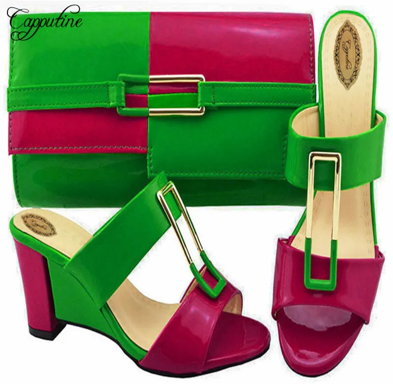

Capputine Fashion Woman Italian Style PU With Metal Wedges Shoes And Bags Set Afrian Woman Pumps Shoes And Bag Set On Stock C007