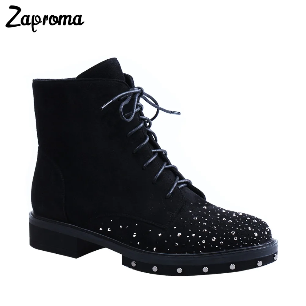 

2019 Fashion Spring Autumn Handmade Low Heel Suede Studed Lace Up Ankle Punk Boots Factory Quality Zipper Black Shoes for Women