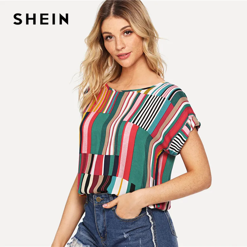 SHEIN متعدد الألوان مزيج مخطط طباعة طوى التي شيرت عارضة فضفاض سكوب الرقبة Colorblock T قميص المرأة الصيف قصيرة الأكمام قمم SHEIN متعدد الألوان مزيج مخطط طباعة طوى التي شيرت عارضة فضفاض سكوب الرقبة Colorblock T قميص المرأة الصيف قصيرة الأكمام قمم