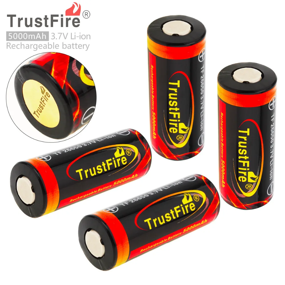 

4pcs TrustFire 3.7V 26650 Li-ion Battery High Capacity 5000mAh Lithium Rechargeable Battery with Protected PCB for Flashlight