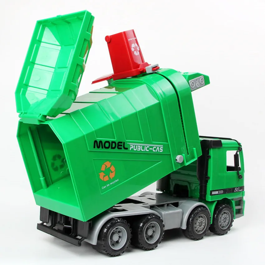 Большой размер боковой загрузки мусора передачи автомобиль триколор зеленый мусор движения санитария грузовик может быть поднят с 3 мусорное ведро игрушка