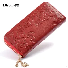 New Fashion Women Long Purse Genuine Leather Clutch Bag Flower Embossing Female Zipper Wallet Money Clips Woman Cards Purse Red