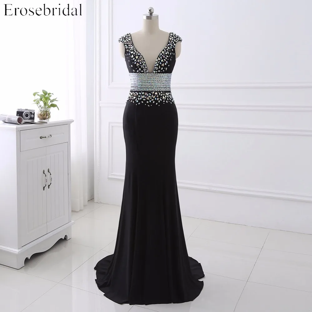 

Sexy Black Mermaid Prom Dress V- Neck Beading Sequins Sweep Train Formal Evening Party Dress robe de soire YY0015