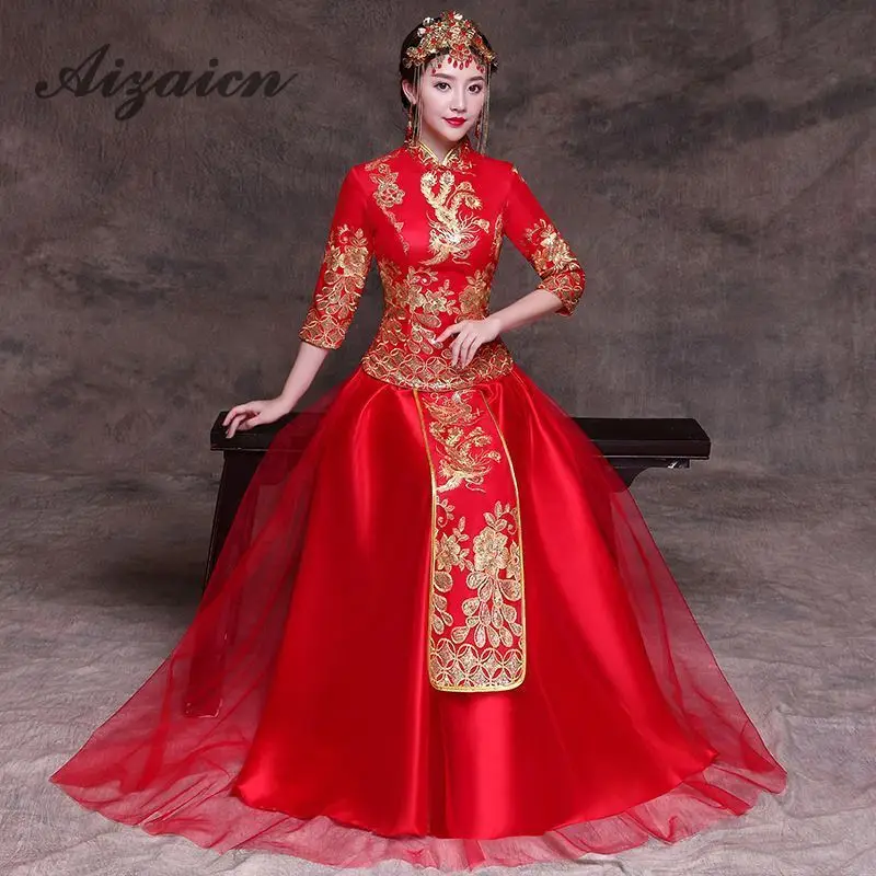 

Bride Marry Vintage Gown Chinoise Embroidery Long Cheongsam Red Price Qi Pao Women Traditional Chinese Wedding Dress Qipao