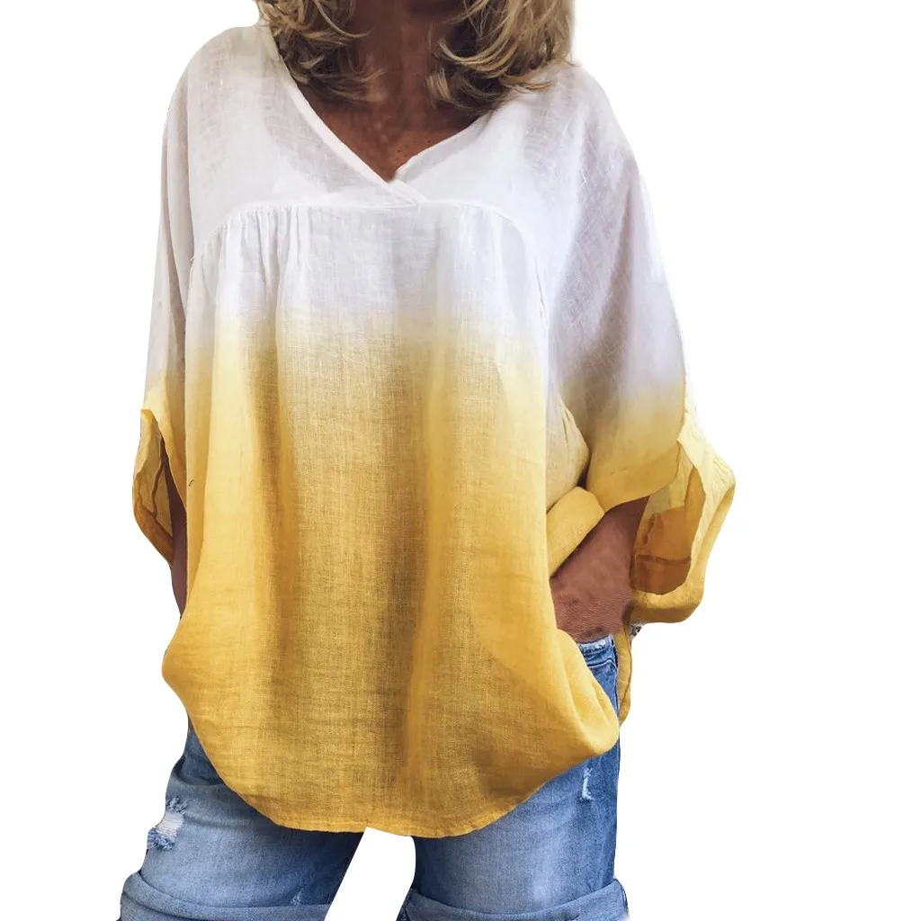 

Harajuku Style Satin Gradient Top Women V-Neck Bat Sleeve Tie Dyeing Plus Size Tee Short Sleeve Oversized T Shirt Ladies T Shirt