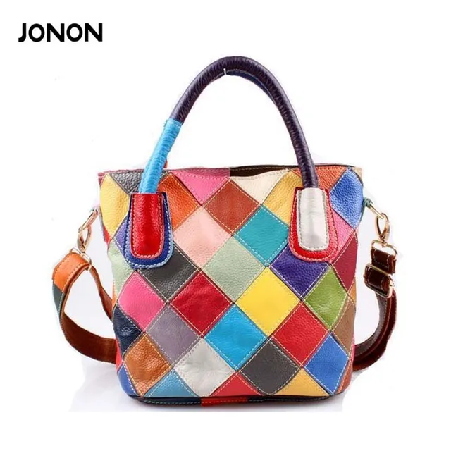 New 2017 100 Genuine Leather Patchwork Bag Cowhide Bucket Women New 2017 100 Genuine Leather Patchwork Bag Cowhide Bucket Women Shoulder Colorful Handbags