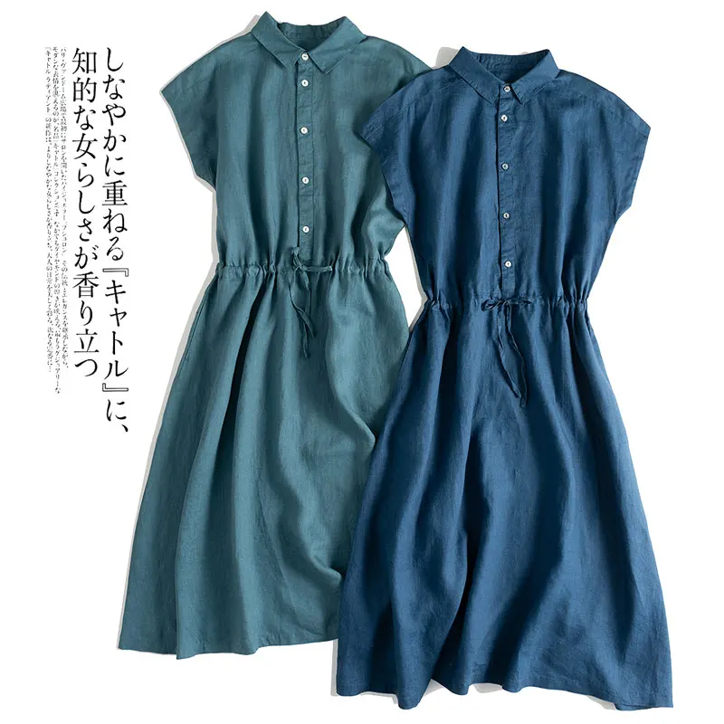 

Summer Women Casual Brief Loose Plus Size Drawstring Japanese Style Soft Comfortable Water Washed 14*14 Linen Shirt Dresses