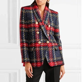 

EXCELLENT QUALITY 2020 Autumn Winter Wool Coat for Women Shawl Collar Colors Plaid Lion Buttons Tweed Blazer OverCoat