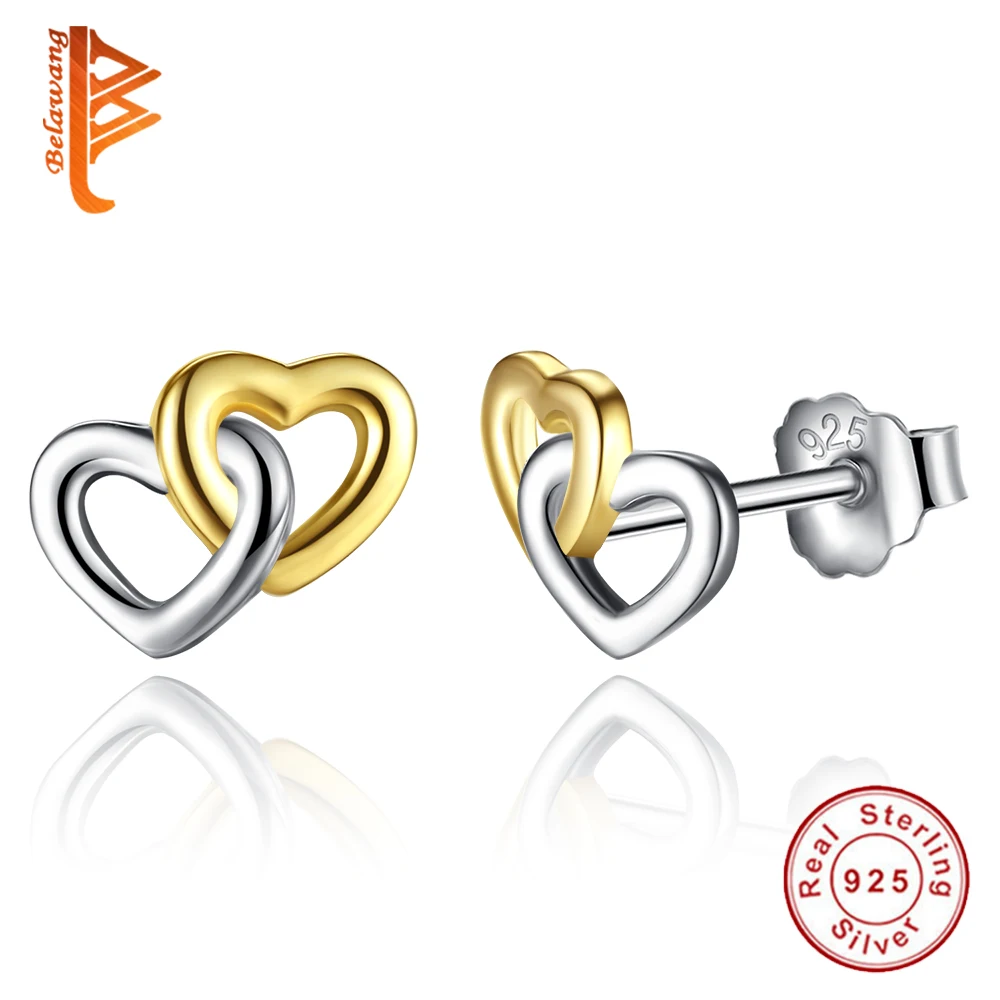 

BELAWANG Minimalism Style 925 Sterling Silver Stud Earrings Gold Color Hollow Heart Earrings for Women 2018 Fashion Jewelry