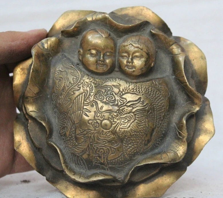 

Old Chinese Dynasty palace Bronze 2 boy dragon phoenix Statue lotus inkstone R